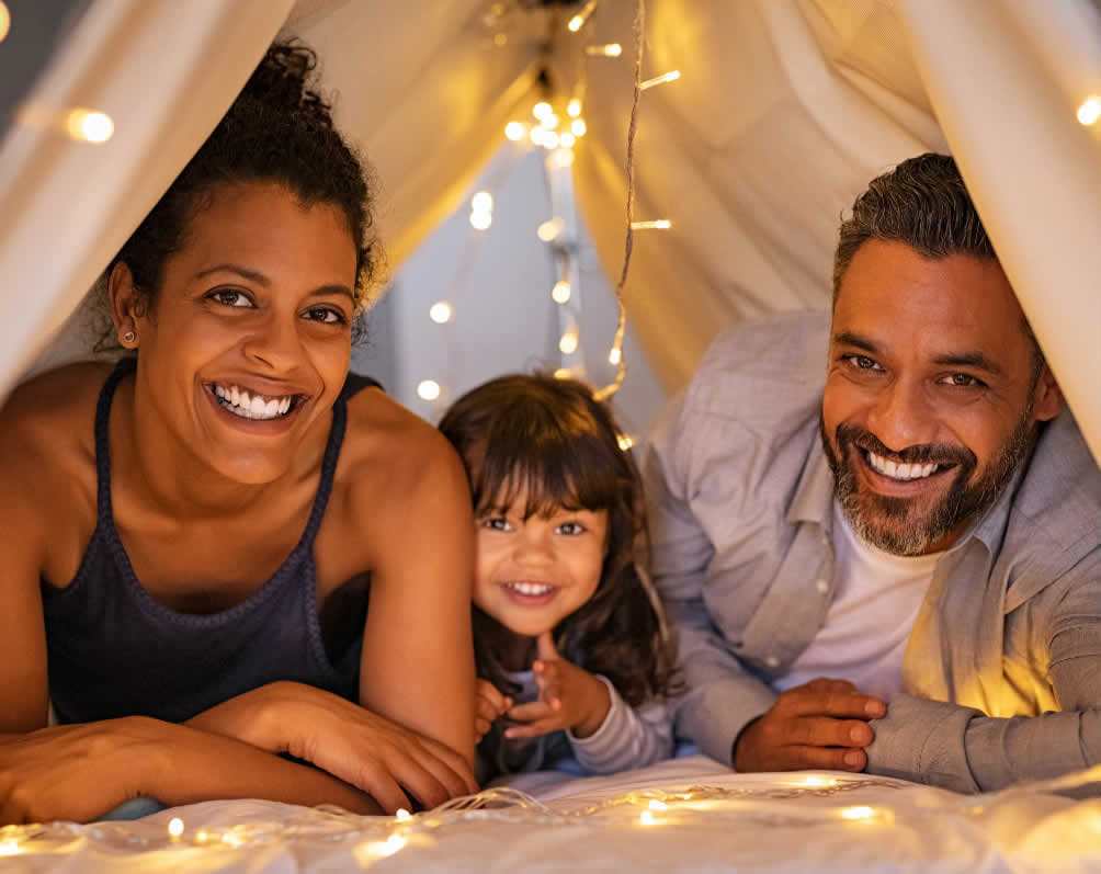 Family in inside tent